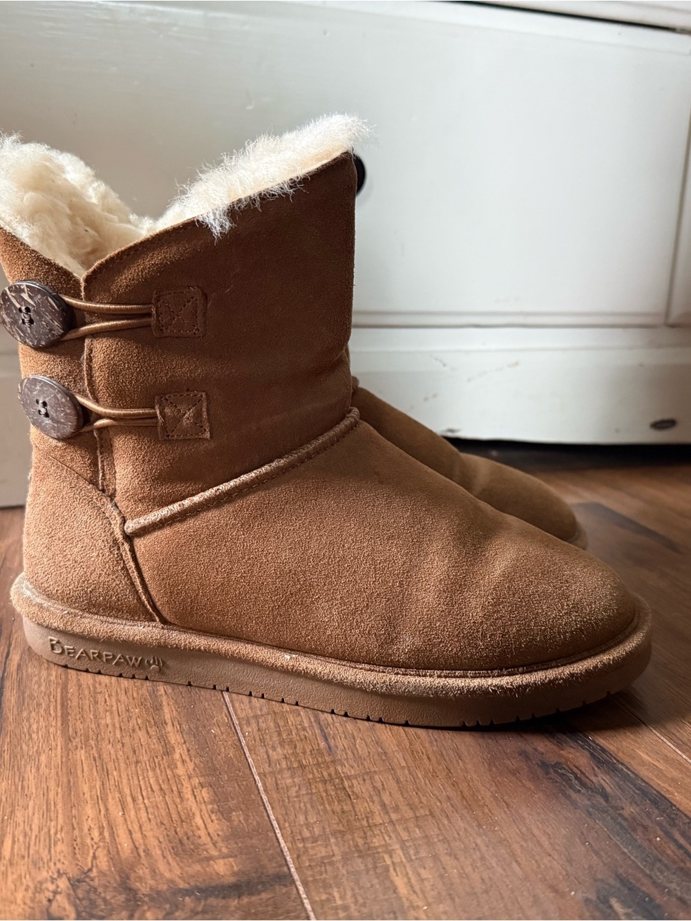 BearPaw Women's Chestnut Button Short Suede Boot with Cream Lining